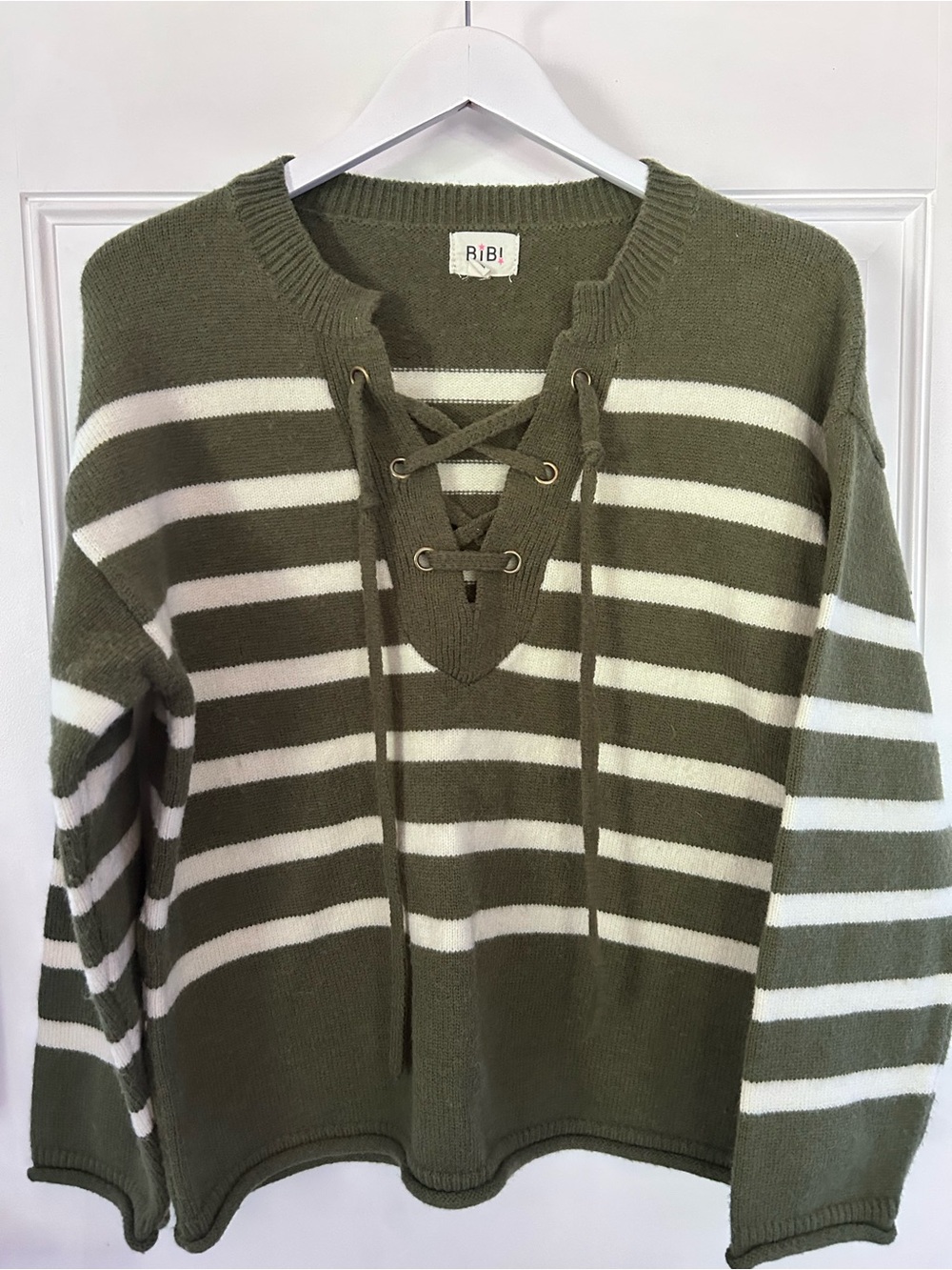 BiBi Olive & White Striped Lace-Up V-Neck Sweater